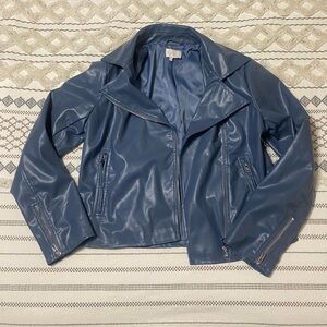 Medium blue biker faux leather jacket. Women. Dusty blue.